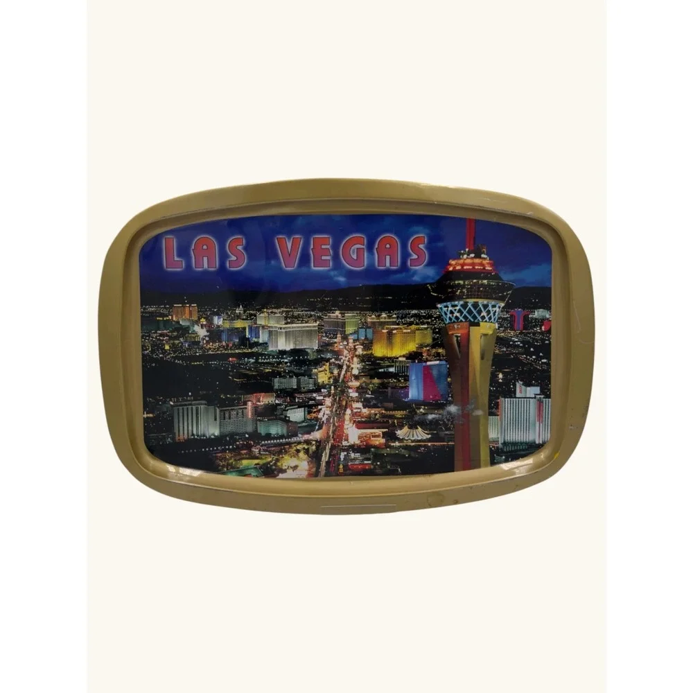 Vintage Las Vegas Souvenir Serving Tray Stratosphere Night Strip View Gold Tone
